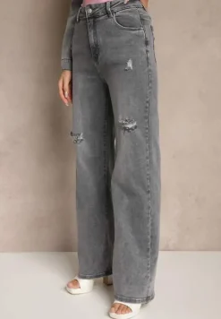 Szare Jeansy High Waist z Szeroką Nogawką Zdobione Przetarciami Liozina