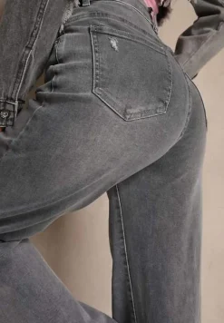 Szare Jeansy High Waist z Szeroką Nogawką Zdobione Przetarciami Liozina