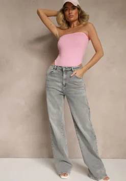 Szare Jeansy High Waist z Szeroką Nogawką Dorzeri