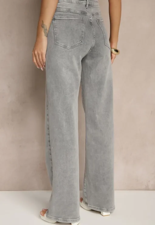 Szare Jeansy High Waist z Szeroką Nogawką Dorzeri