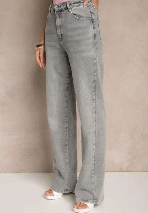 Szare Jeansy High Waist z Szeroką Nogawką Dorzeri