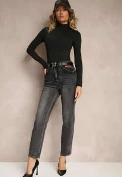 Szare Jeansy o Kroju Regular Fit z Dodatkowym Ozdobnym Paskiem Delalithra