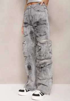 Szare Jeansy w Stylu Cargo z Naszytymi Kieszeniami Deriada