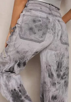 Szare Jeansy w Stylu Cargo z Naszytymi Kieszeniami Deriada