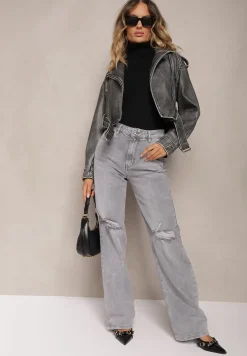 Szare Jeansy z Bawełny High Waist z Szerokimi Nogawkami i Dziurami Naviseo