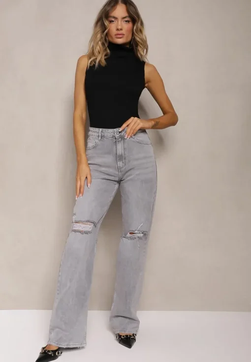 Szare Jeansy z Bawełny High Waist z Szerokimi Nogawkami i Dziurami Naviseo