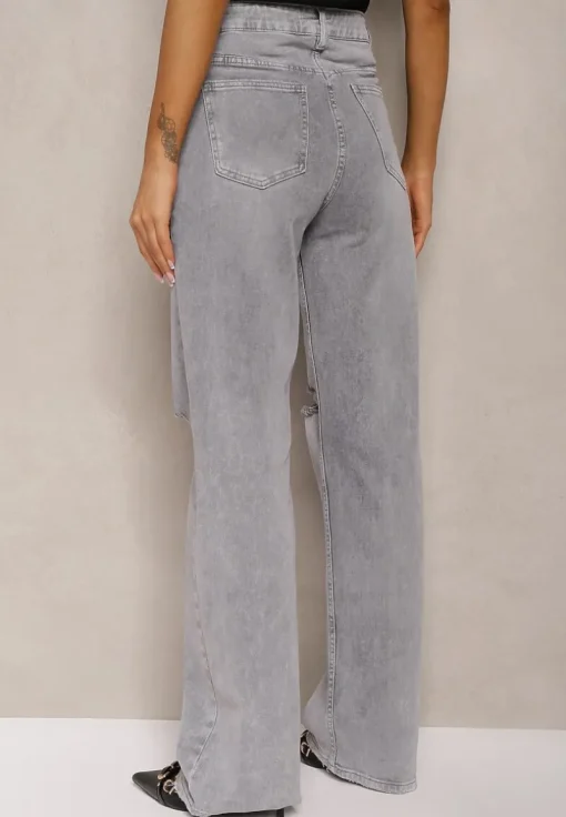 Szare Jeansy z Bawełny High Waist z Szerokimi Nogawkami i Dziurami Naviseo