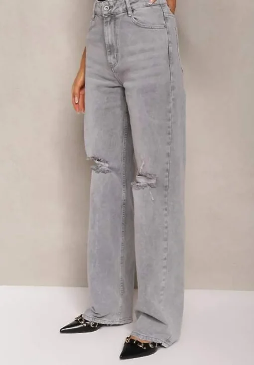 Szare Jeansy z Bawełny High Waist z Szerokimi Nogawkami i Dziurami Naviseo