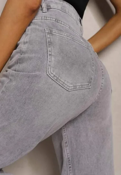Szare Jeansy z Bawełny High Waist z Szerokimi Nogawkami i Dziurami Naviseo