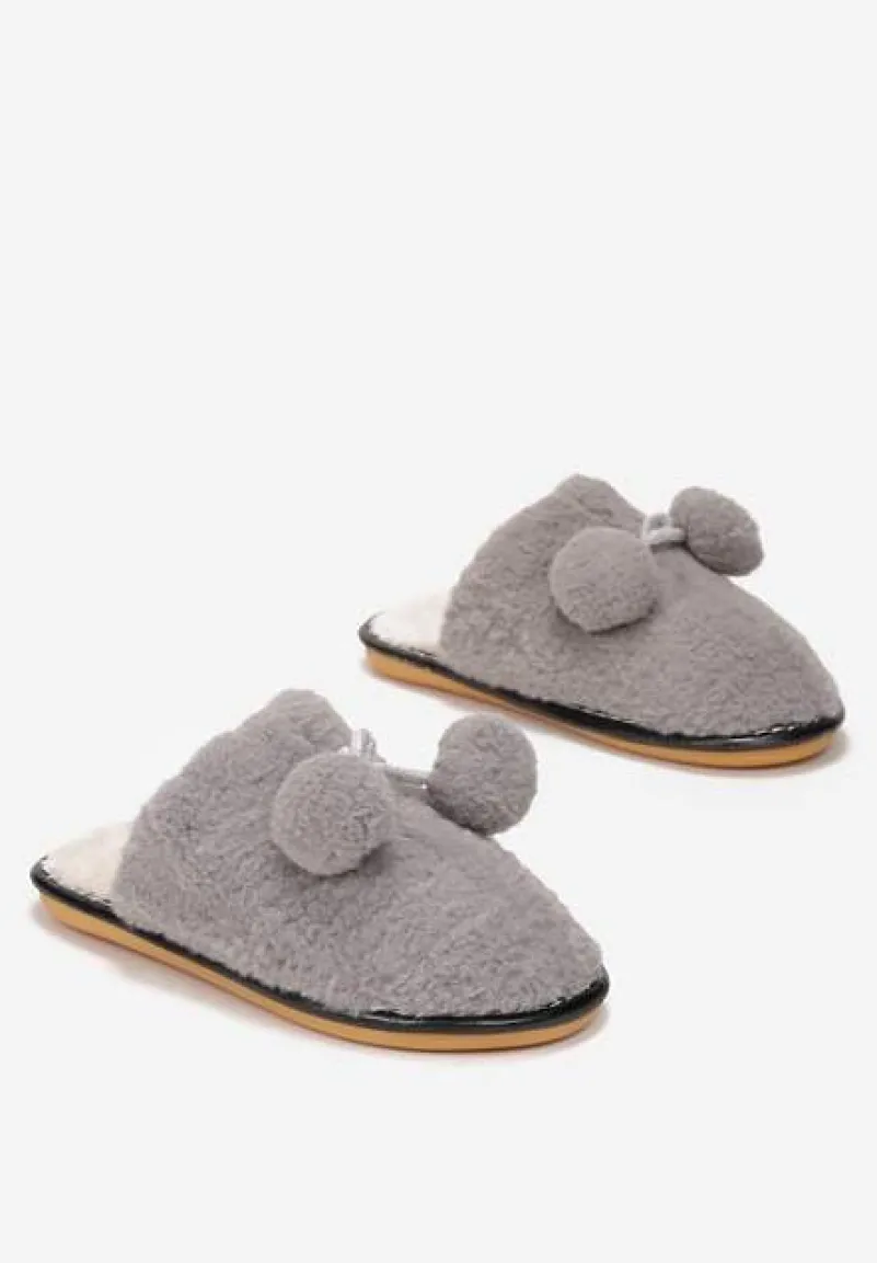 Szare Kapcie Futerkowe z Pomponami Denholm