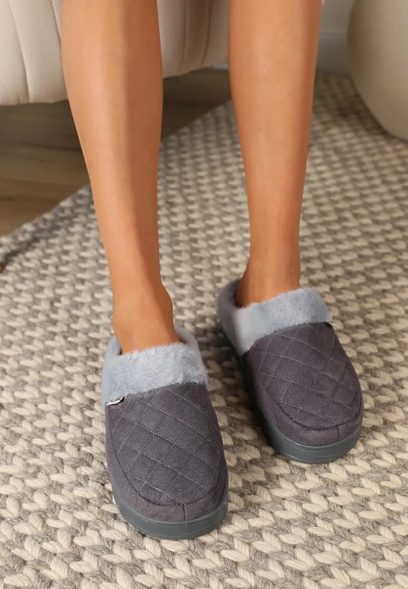 Szare Kapcie Futrzane Vices z Wkładką ze Skóry Naturalnej na Niskiej Platformie Ellisen