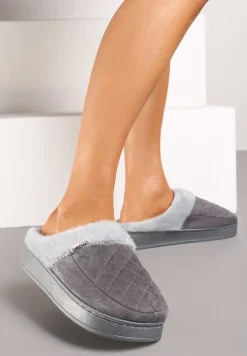 Szare Kapcie Futrzane Vices z Wkładką ze Skóry Naturalnej na Niskiej Platformie Ellisen