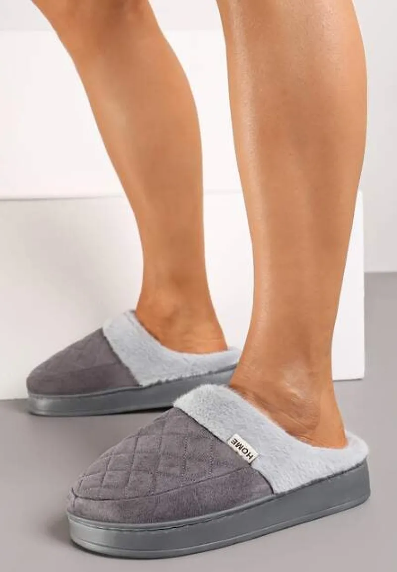 Szare Kapcie Futrzane Vices z Wkładką ze Skóry Naturalnej na Niskiej Platformie Ellisen