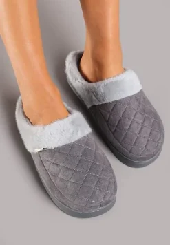 Szare Kapcie Futrzane Vices z Wkładką ze Skóry Naturalnej na Niskiej Platformie Ellisen