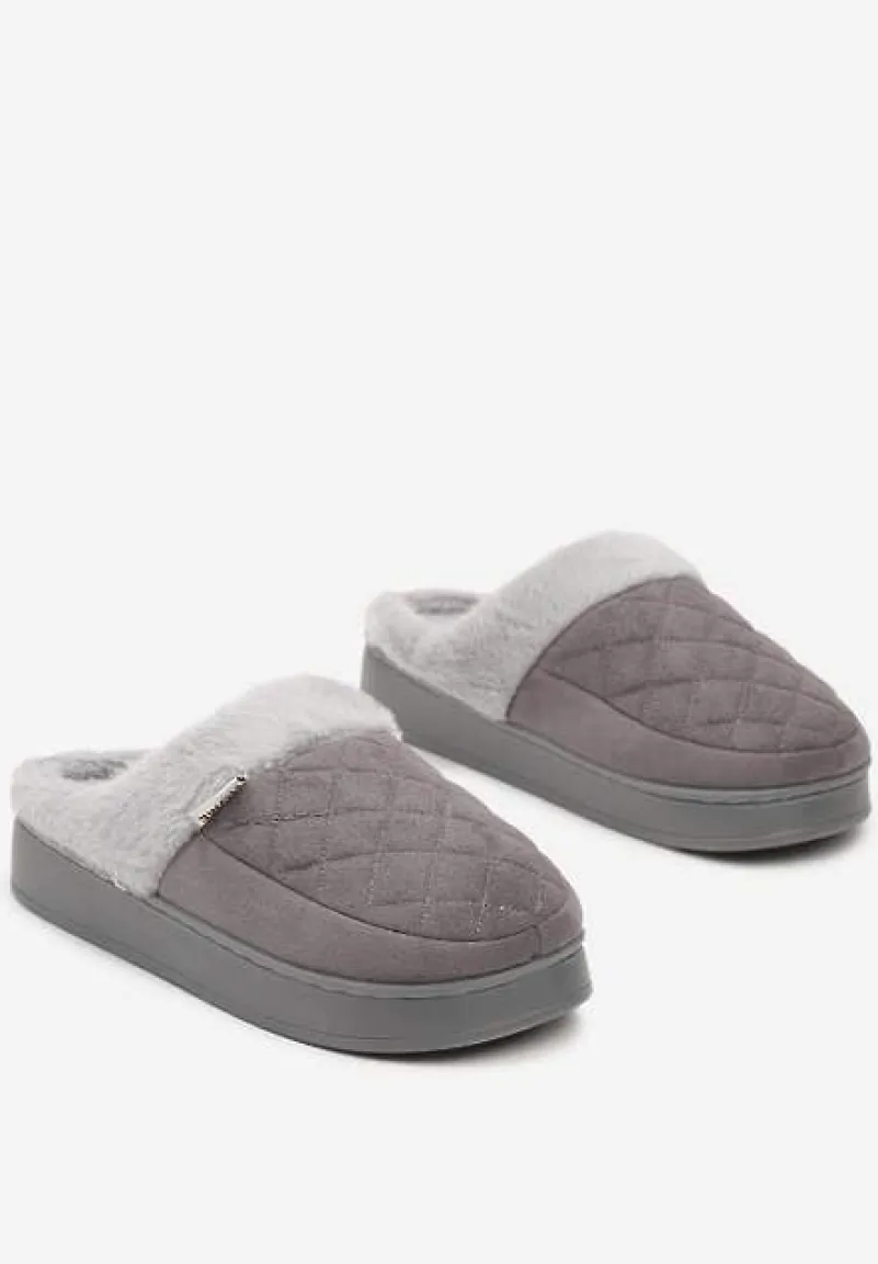 Szare Kapcie Futrzane Vices z Wkładką ze Skóry Naturalnej na Niskiej Platformie Ellisen