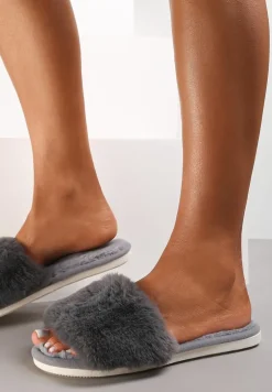 Szare Kapcie Futrzane z Szerokim Paskiem Iphandras
