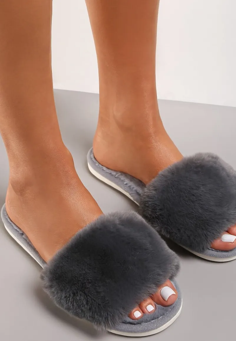 Szare Kapcie Futrzane z Szerokim Paskiem Iphandras