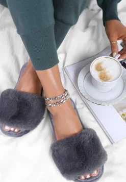 Szare Kapcie Futrzane z Szerokim Paskiem Iphandras