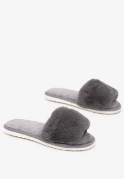 Szare Kapcie Futrzane z Szerokim Paskiem Iphandras