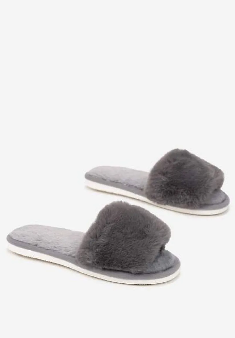 Szare Kapcie Futrzane z Szerokim Paskiem Iphandras