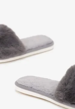 Szare Kapcie Futrzane z Szerokim Paskiem Iphandras