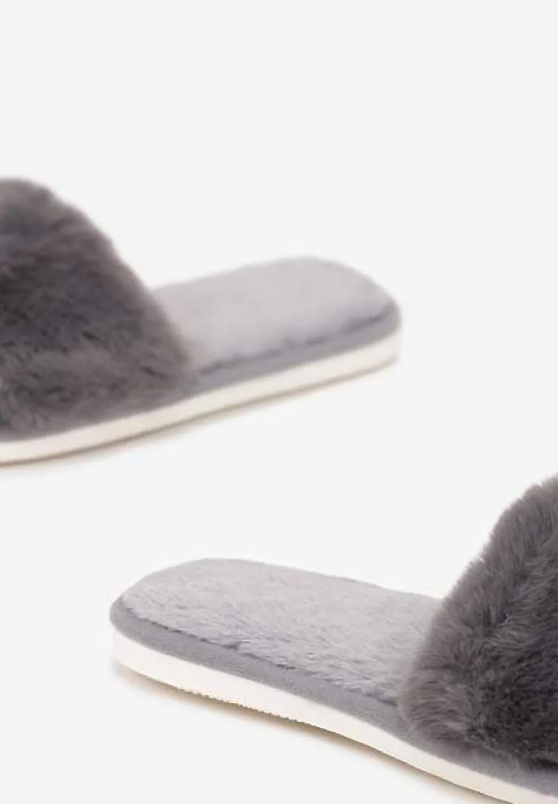 Szare Kapcie Futrzane z Szerokim Paskiem Iphandras