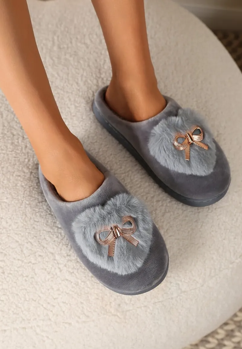 Szare Kapcie na Płaskiej Podeszwie z Kokardą Lerilina