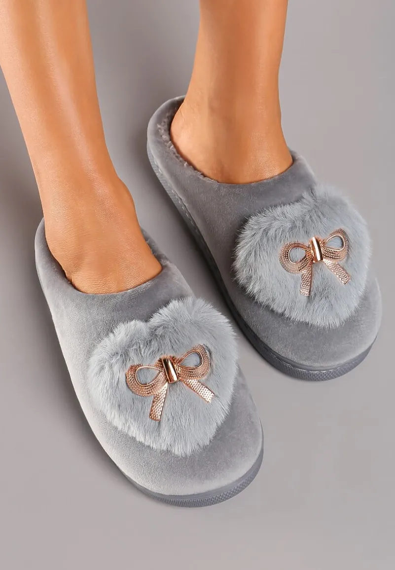 Szare Kapcie na Płaskiej Podeszwie z Kokardą Lerilina