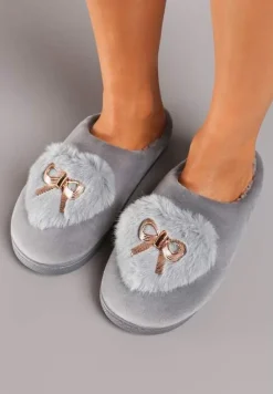 Szare Kapcie na Płaskiej Podeszwie z Kokardą Lerilina