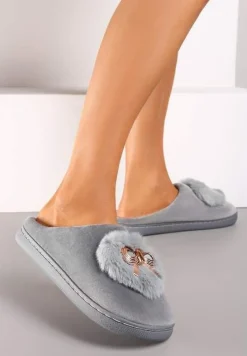 Szare Kapcie na Płaskiej Podeszwie z Kokardą Lerilina