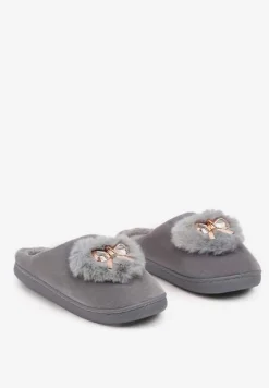 Szare Kapcie na Płaskiej Podeszwie z Kokardą Lerilina