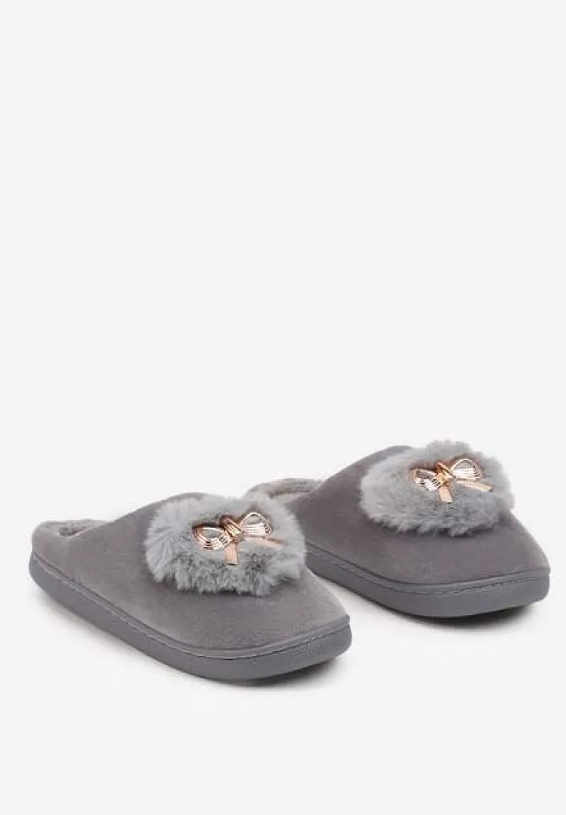 Szare Kapcie na Płaskiej Podeszwie z Kokardą Lerilina