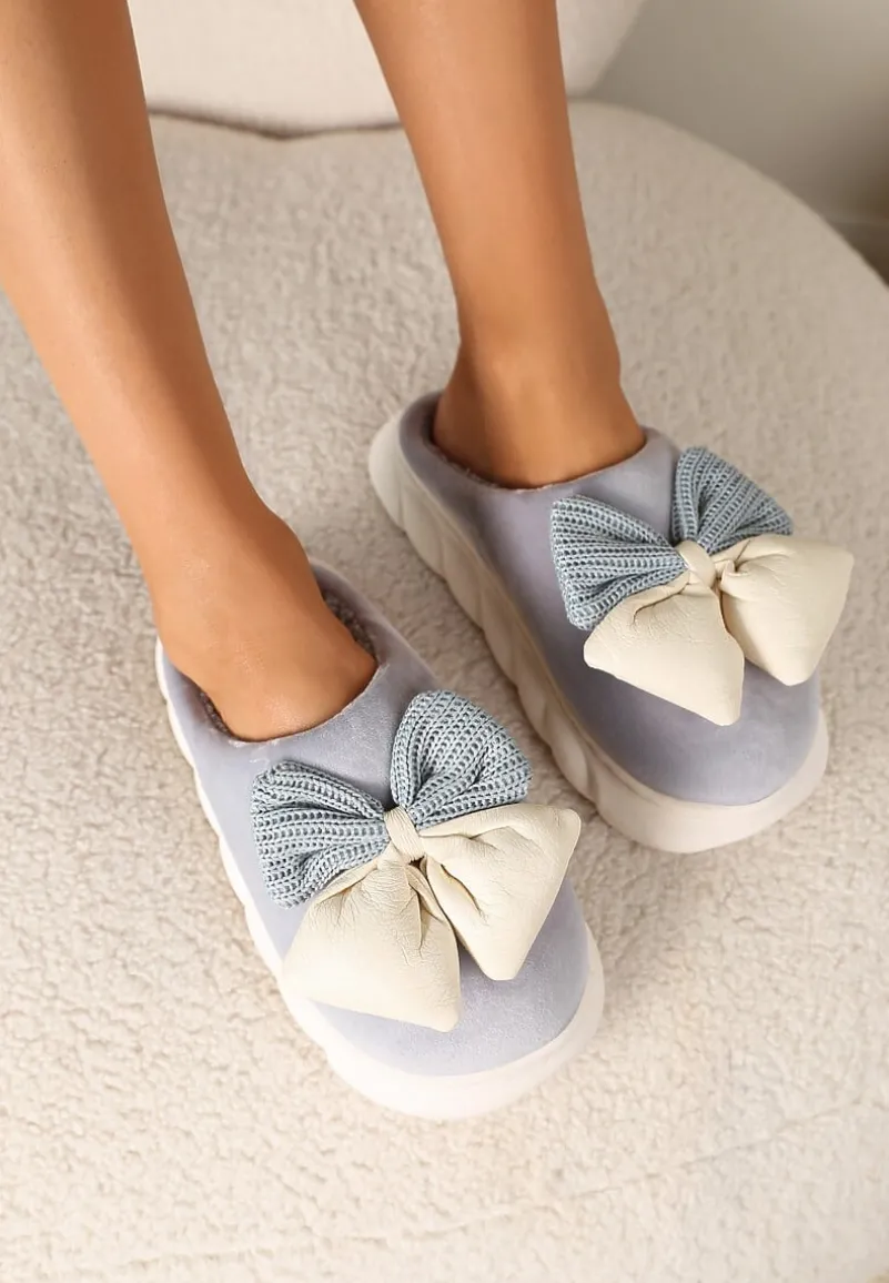 Szare Kapcie na Płaskiej Podeszwie z Futerkiem i Kokardą Dezilaine