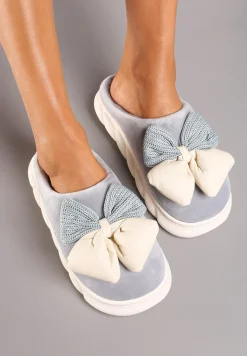 Szare Kapcie na Płaskiej Podeszwie z Futerkiem i Kokardą Dezilaine