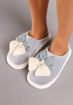 Szare Kapcie na Płaskiej Podeszwie z Futerkiem i Kokardą Dezilaine