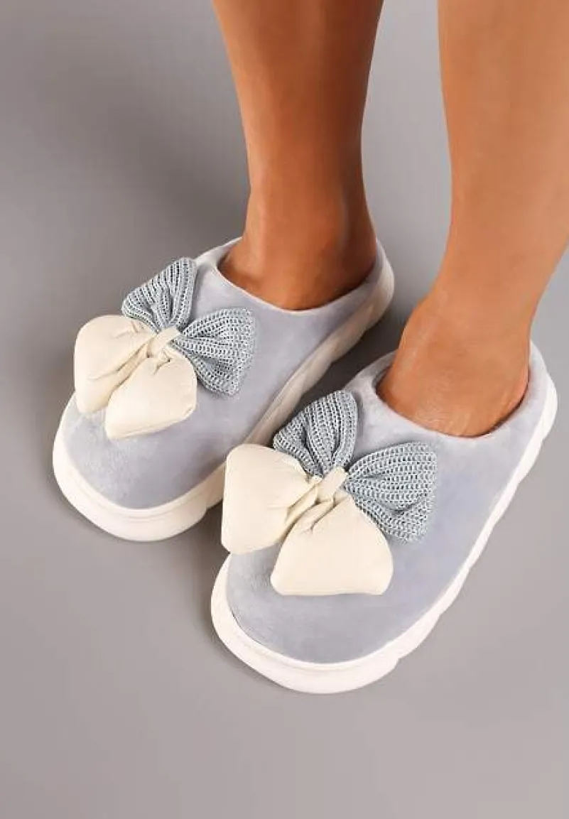 Szare Kapcie na Płaskiej Podeszwie z Futerkiem i Kokardą Dezilaine