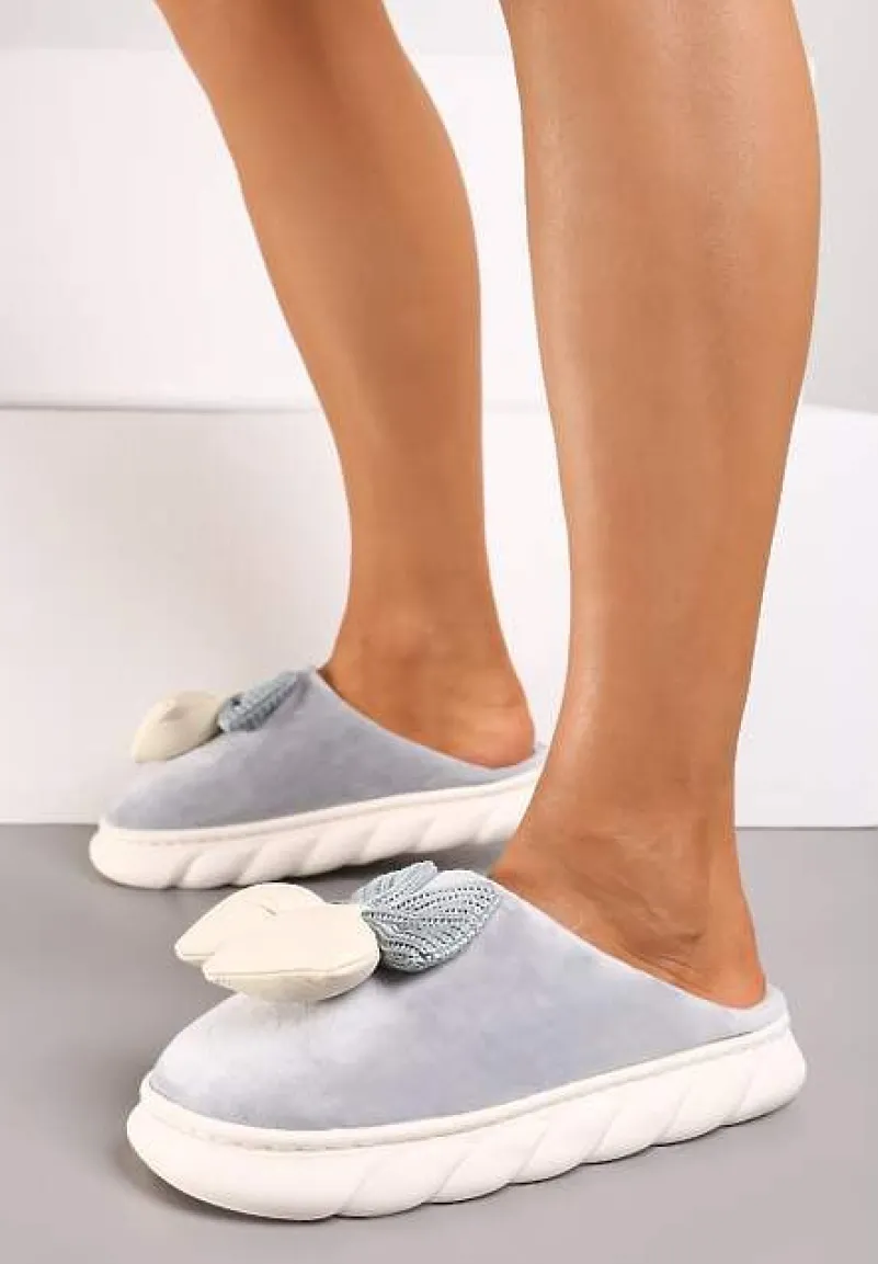 Szare Kapcie na Płaskiej Podeszwie z Futerkiem i Kokardą Dezilaine