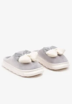 Szare Kapcie na Płaskiej Podeszwie z Futerkiem i Kokardą Dezilaine