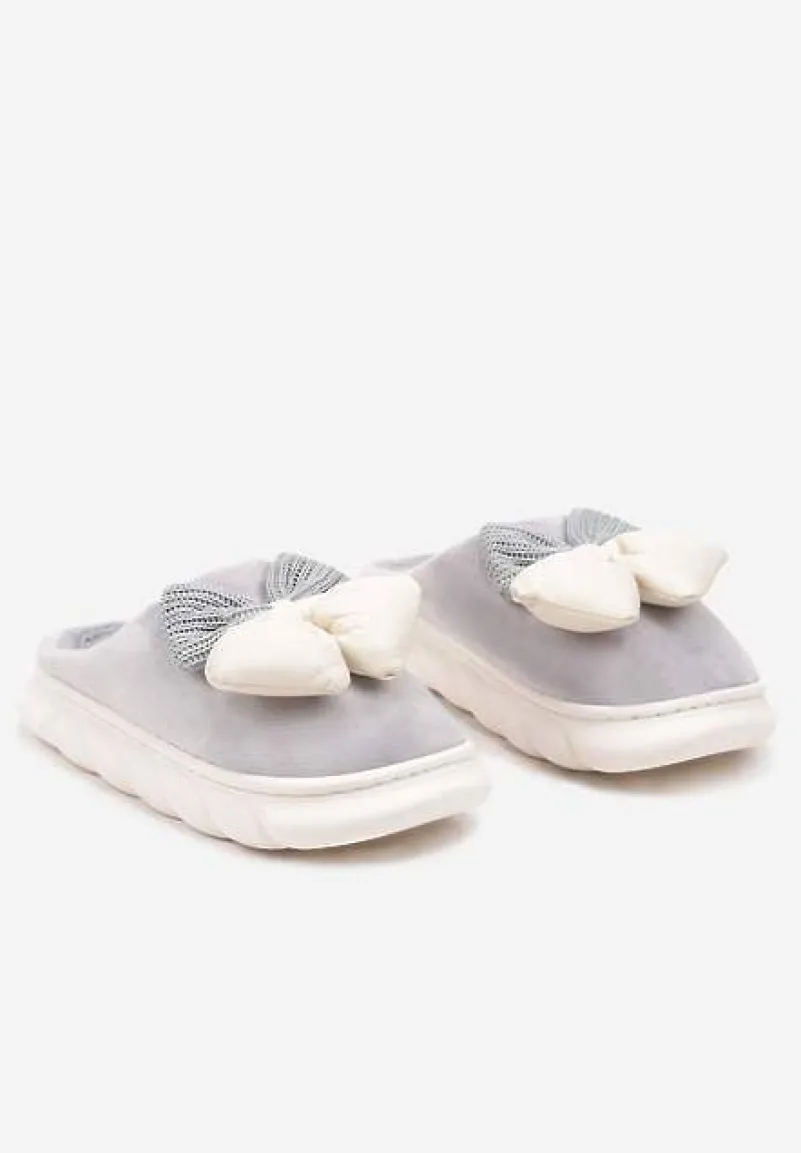 Szare Kapcie na Płaskiej Podeszwie z Futerkiem i Kokardą Dezilaine