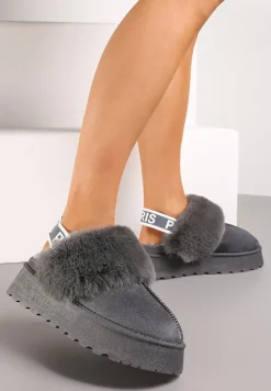 Szare Kapcie na Platformie Ozdobione Futerkiem i z Gumką Przy Pięcie Titanra