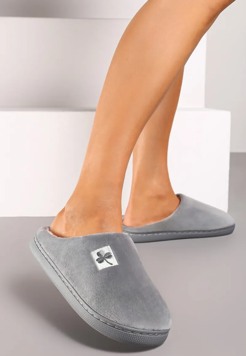 Szare Kapcie Vices z Weluru na Płaskiej Podeszwie Cellia