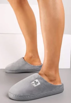 Szare Kapcie Vices z Weluru na Płaskiej Podeszwie Cellia