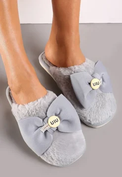 Szare Kapcie z Miękkiego Futerka Ozdobione Kokardą Adeltta