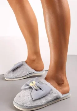 Szare Kapcie z Miękkiego Futerka Ozdobione Kokardą Adeltta