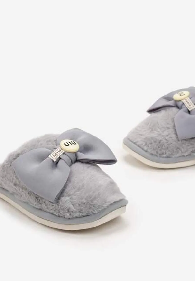Szare Kapcie z Miękkiego Futerka Ozdobione Kokardą Adeltta