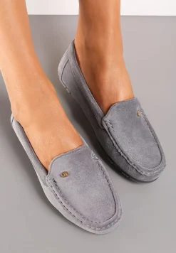 Szare Klasyczne Mokasyny z Ekozamszu z Wkładką ze Skóry Naturalnej Nemese