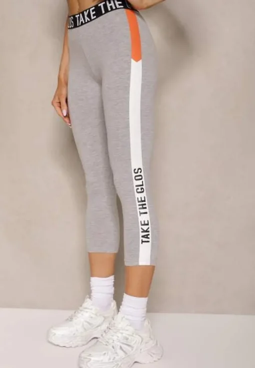 Szare Legginsy Capri Low Waist z Bawełny Zdobione Lampasem Obalisse