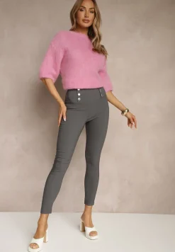 Szare Legginsy High Waist z Ozdobnymi Guzikami Kolowenia