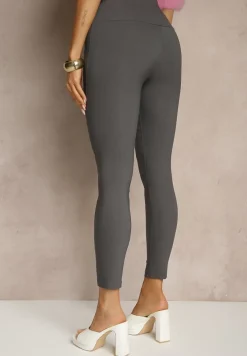 Szare Legginsy High Waist z Ozdobnymi Guzikami Kolowenia