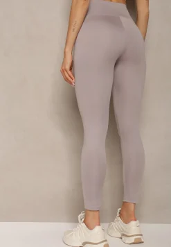 Szare Legginsy High Waist z Gumką w Pasie Cloen